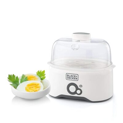 Black & Decker 280w 6 piece egg cooker with cooking rack and 2 poaching pan dry boil auto shutoff protection transparent cover white body, for perfect eggs eg200-b5 years warranty